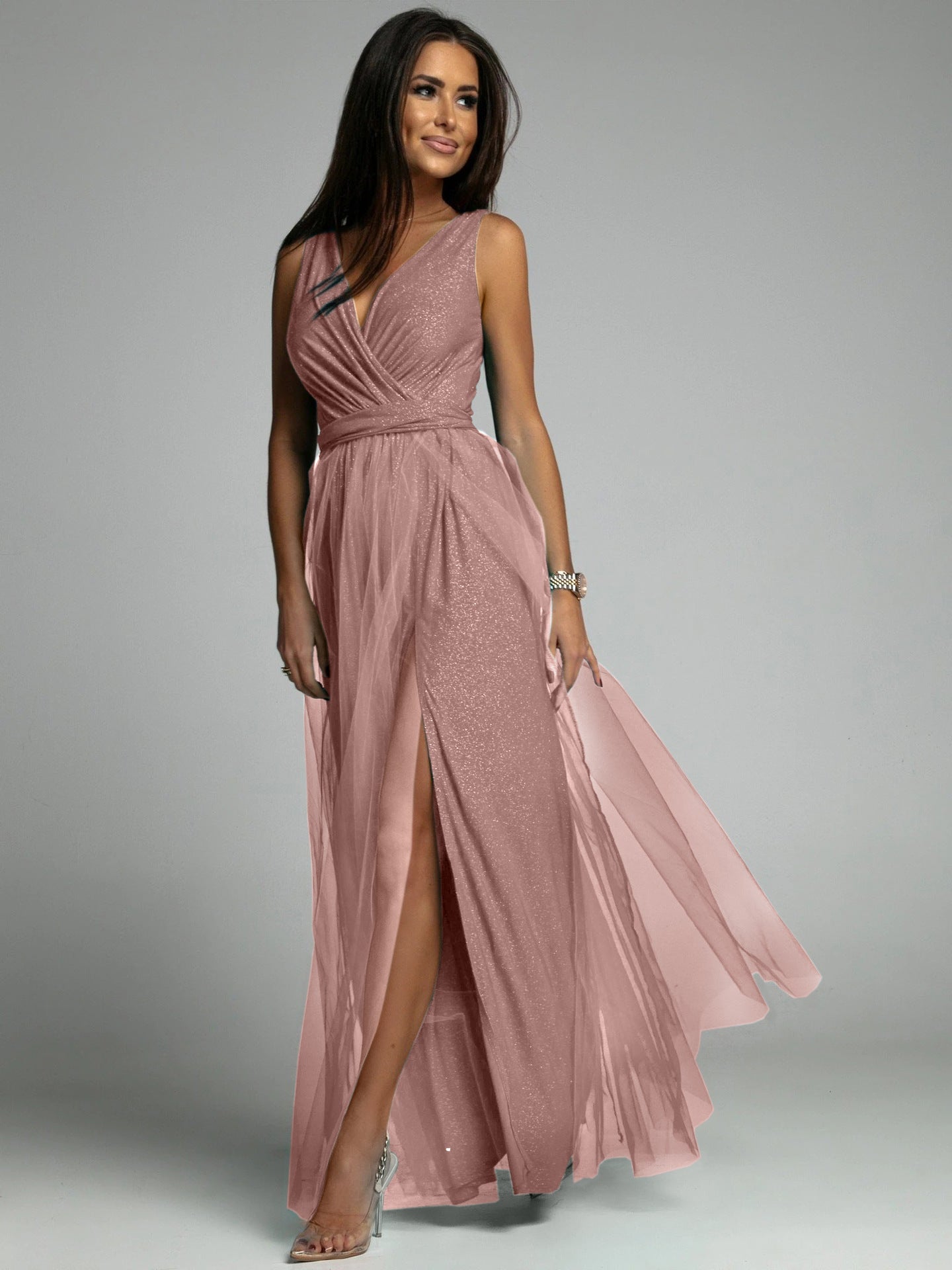 Damen Maxikleid mit V-Ausschnitt und elegantem Faltenwurf Stalluxe