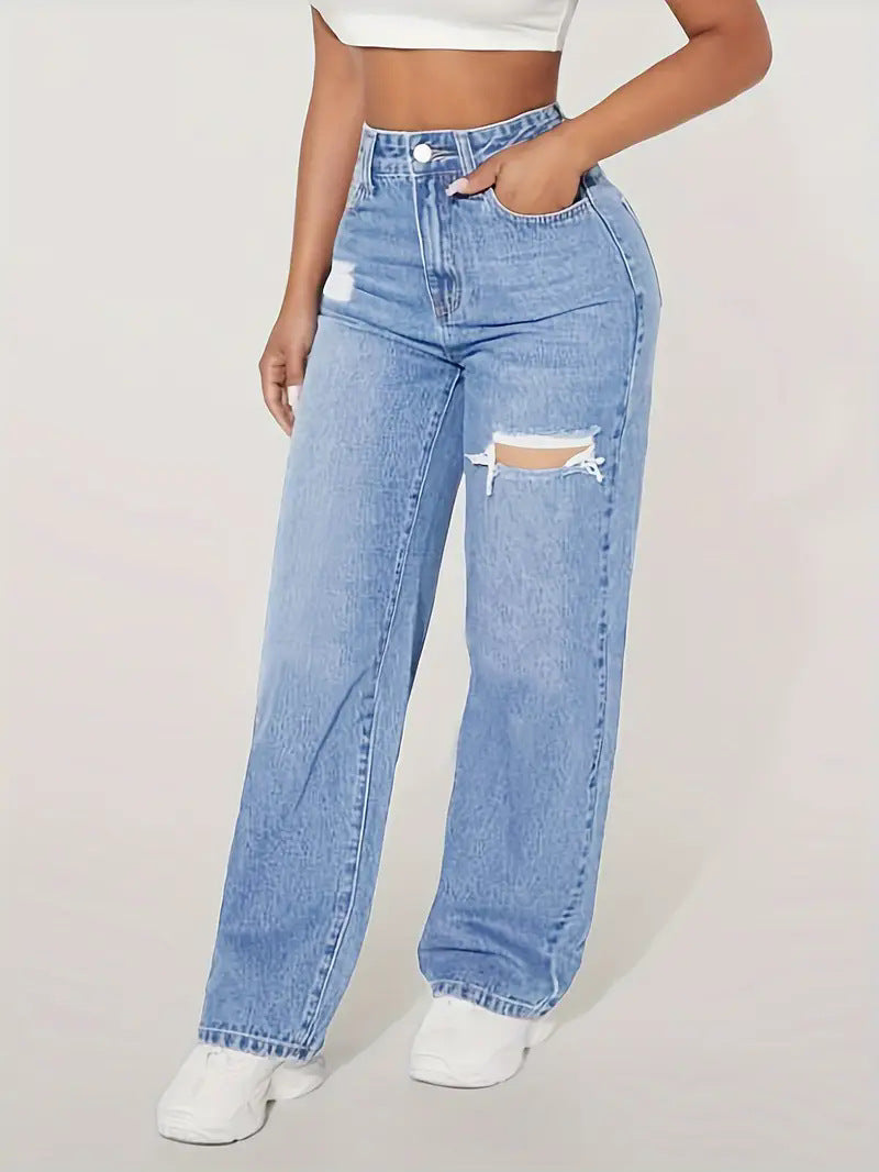 Damen weite Jeans mit modischen Rissdetails und hohem Bund Stalluxe