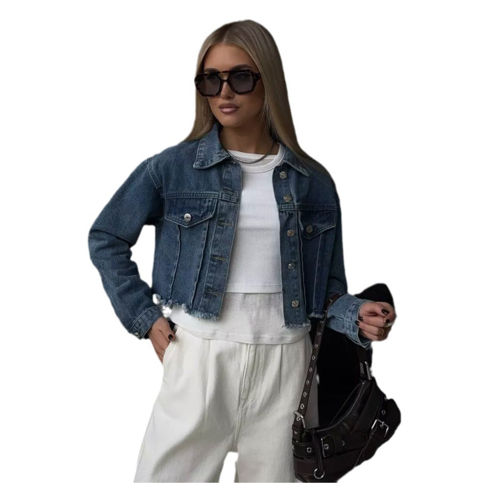 Damen cropped Denimjacke mit lässigen Fransen Stalluxe