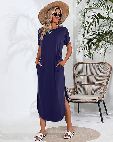 Damen Lässiges Maxikleid mit seitlichem Schlitz und feinem Rundhalsausschnitt Stalluxe