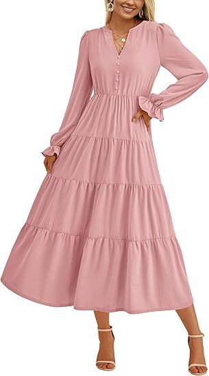 Damen Maxikleid mit knopfverzierter Front und voluminösen Ärmeln Stalluxe