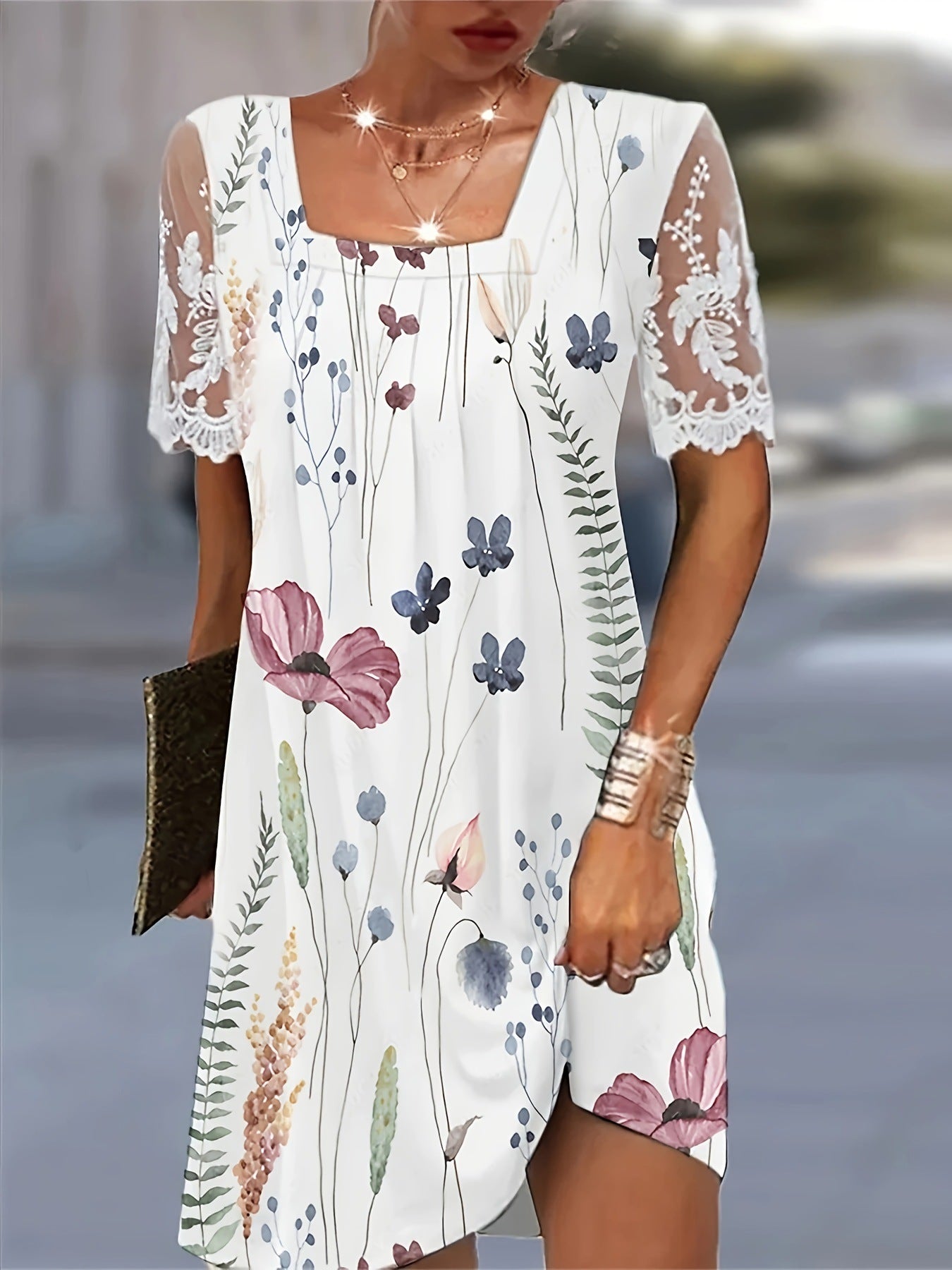 Damen Freizeitkleid mit floralen Mustern und transparenter Spitze Stalluxe