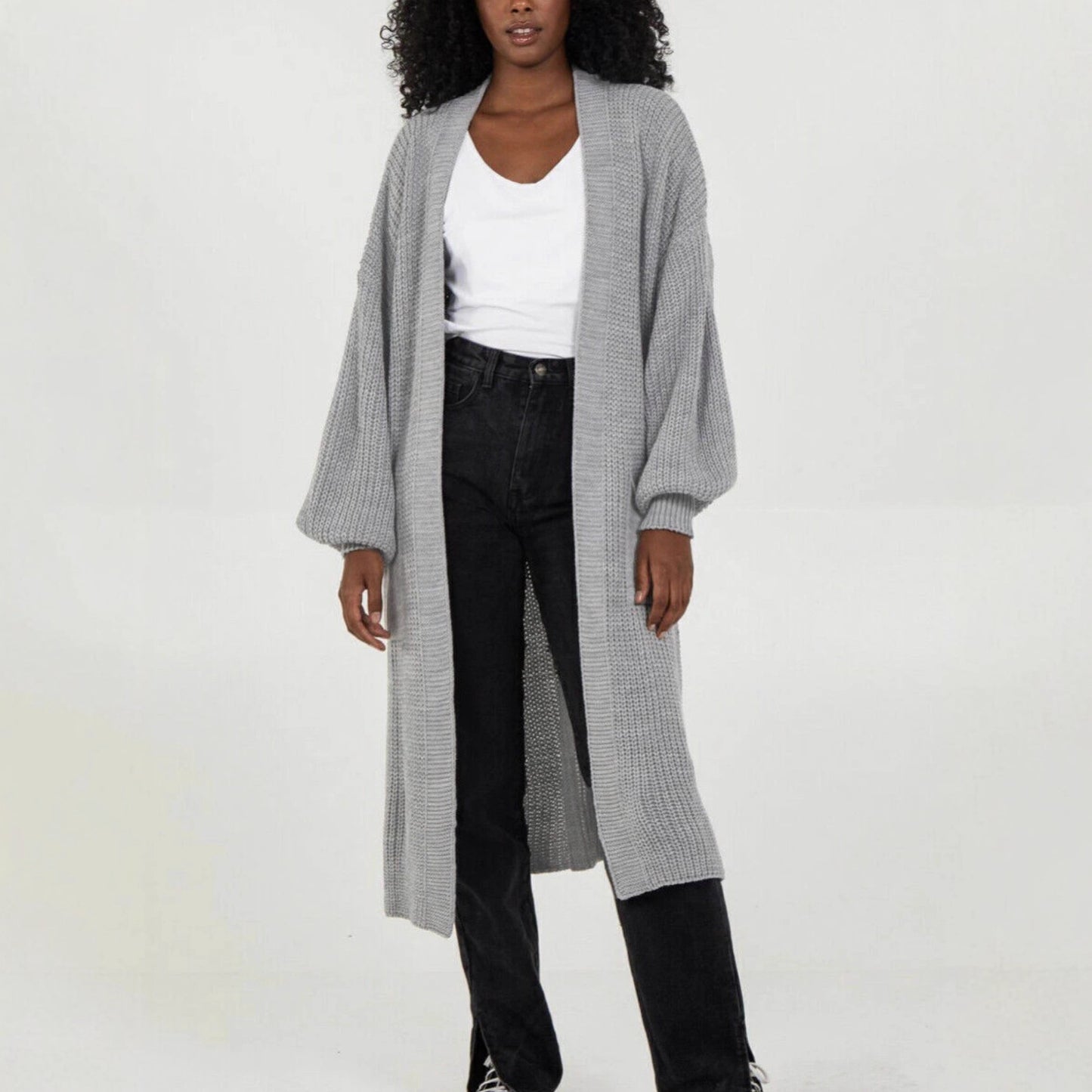 Damen Langer Strickcardigan mit voluminösen Ärmeln und offenem Schnitt Stalluxe