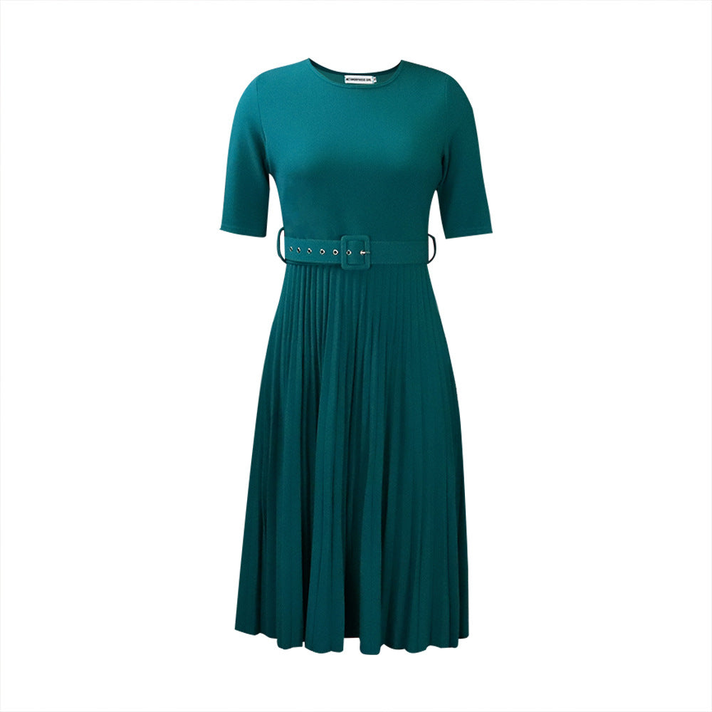 Damen Plissiertes Midi-Kleid mit Taillengürtel und geschmackvollem Rundhalsausschnitt Stalluxe