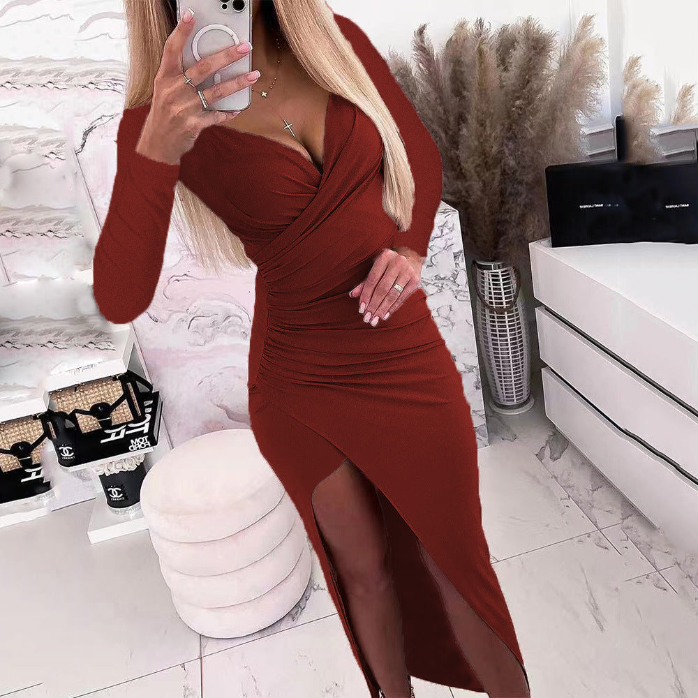 Damen elegantes Wickelkleid mit langen Ärmeln und Seitenschlitz Stalluxe