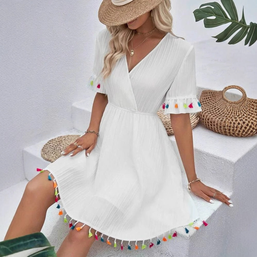 Damen Sommerkleid mit verspielten Volants und bunten Quasten Stalluxe