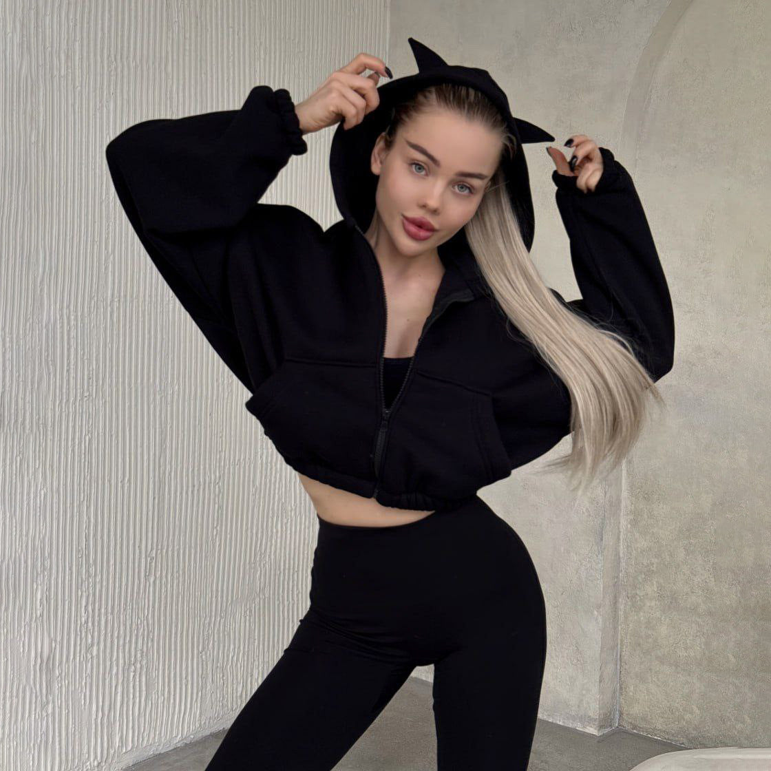 Damen cropped Kapuzenjacke mit einzigartigem Ohren-Design Stalluxe