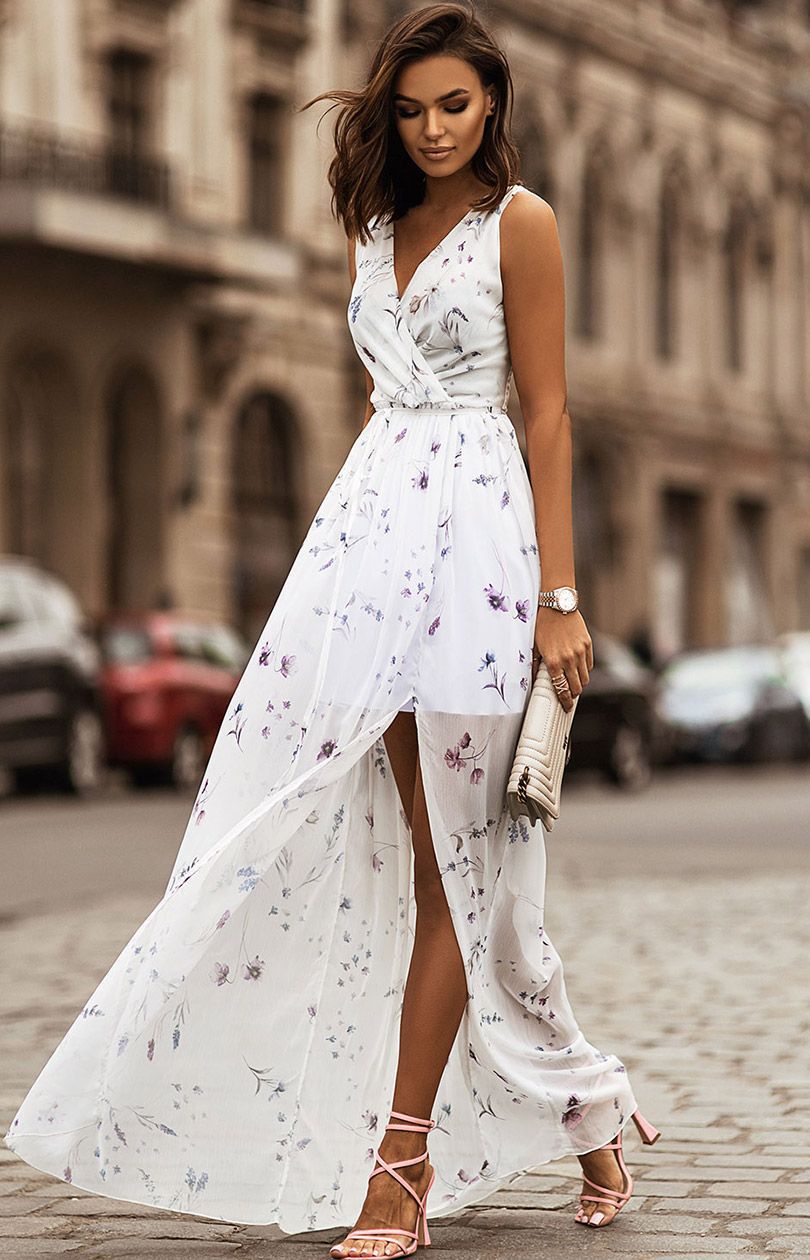 Damen Maxi-Kleid mit floralen Mustern und tiefem Schlitz Stalluxe