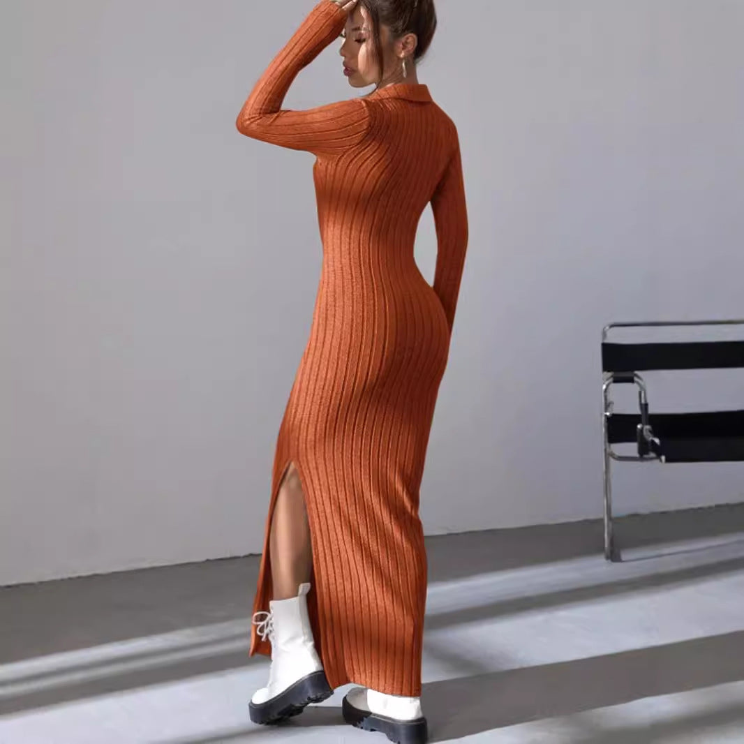 Damen Langärmliges Rippkleid mit Slit und Kragen Stalluxe