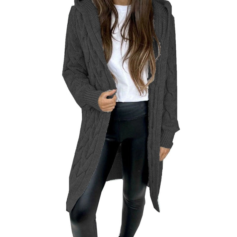 Damen Langer Strickmantel mit strukturiertem Zopfdesign und praktischer Kapuze Stalluxe