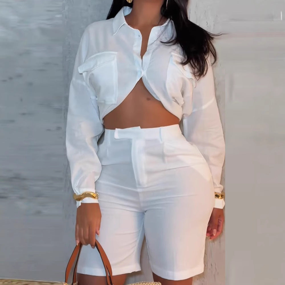 Damen lässiges Sommer-Outfit mit geknotetem Overshirt und Short Stalluxe