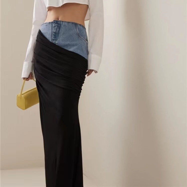 Damen Eleganter Maxi-Rock mit raffinierter Raffung und Denim-Detail Stalluxe