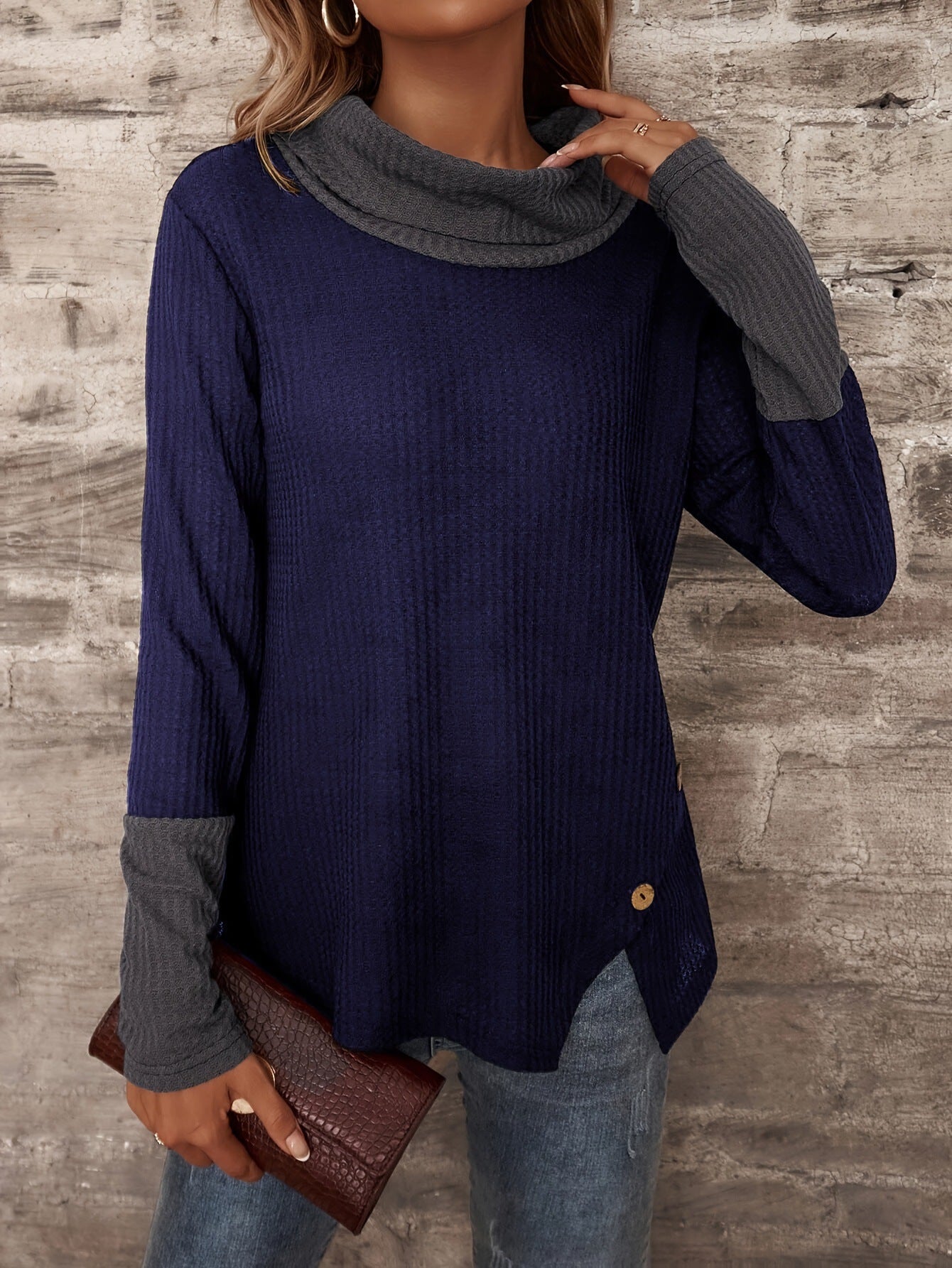 Damen Modischer Pullover mit hohem Kragen und gestreiften Ärmeln Stalluxe