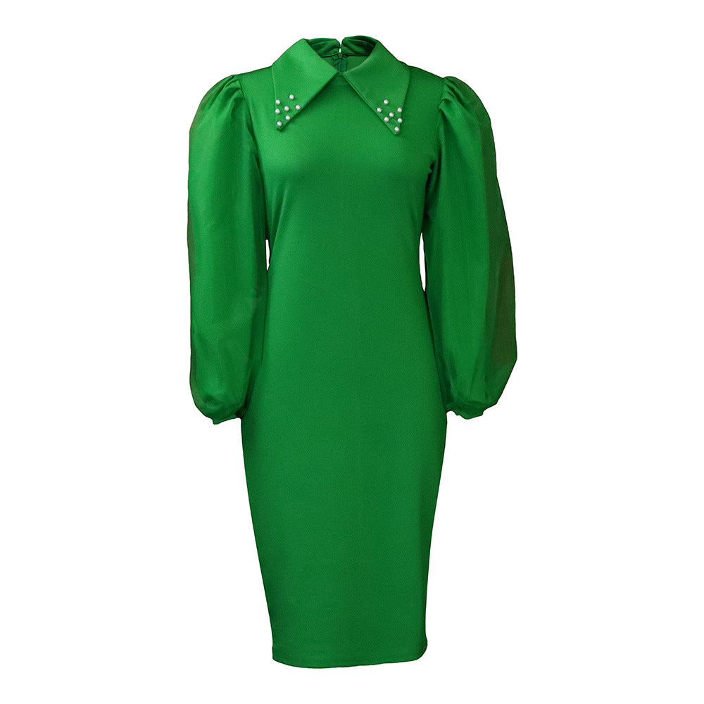 Damen Midi-Kleid mit Puffärmeln und dekorativem Kragen Stalluxe