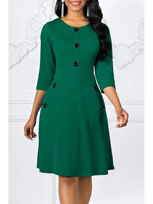Women's Classic Three-Quarter Sleeve Button-Detail Dress Stalluxe