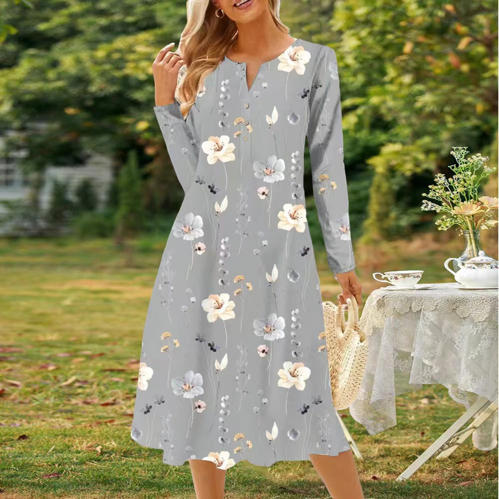Damen Langarm Kleid mit floralem Design und durchgehender Knopfleiste Stalluxe