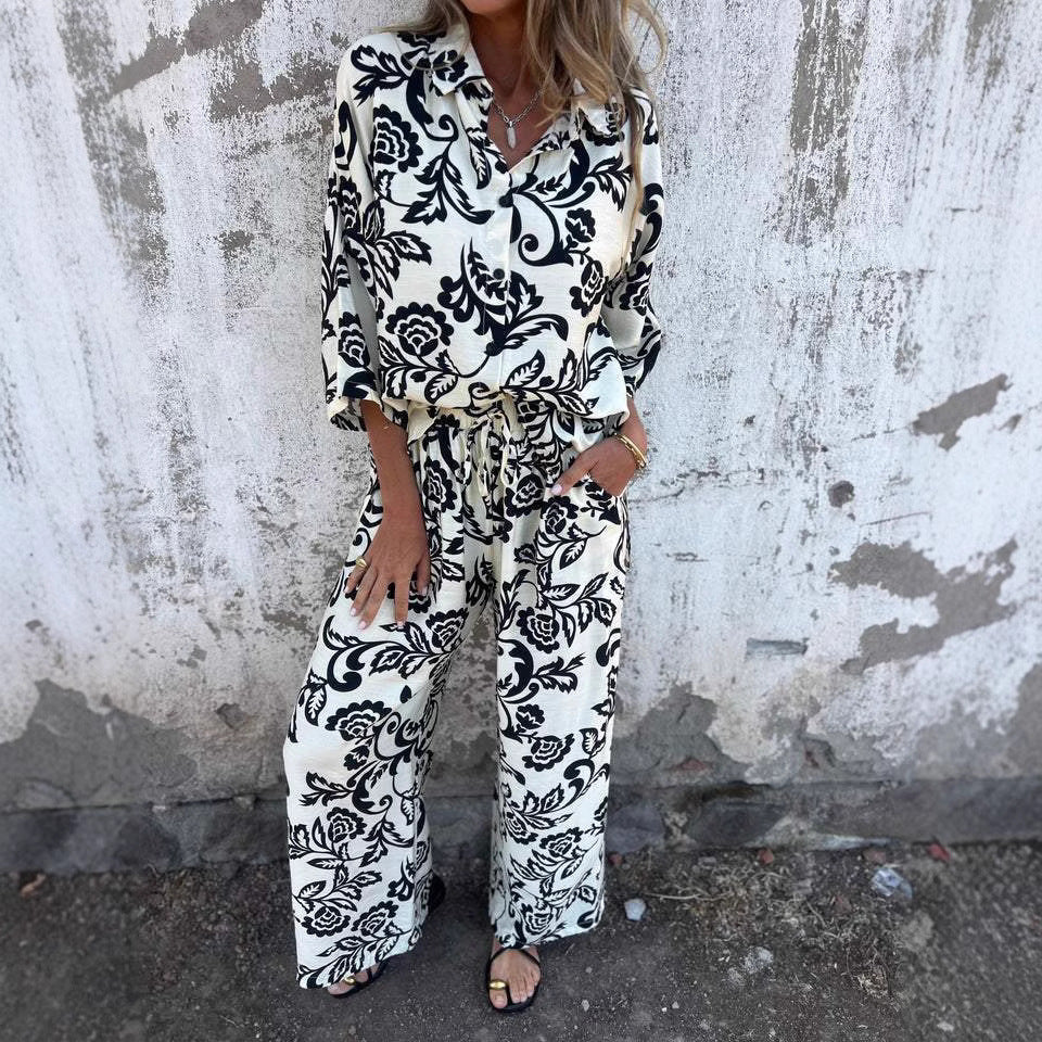 Women's Floral Print Button-Up Shirt and Wide-Leg Trouser Set Stalluxe