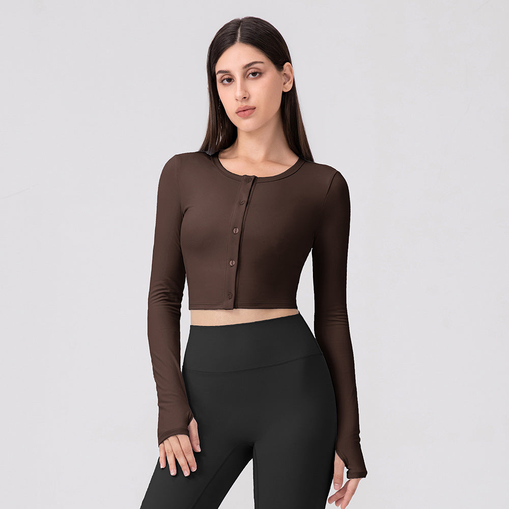 Damen Sport Cropped Langarmshirt mit Knopfleiste und Daumenlöchern Stalluxe