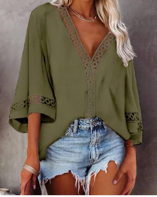 Damen Elegante Bluse mit Spitzen- und V-Ausschnitt Stalluxe