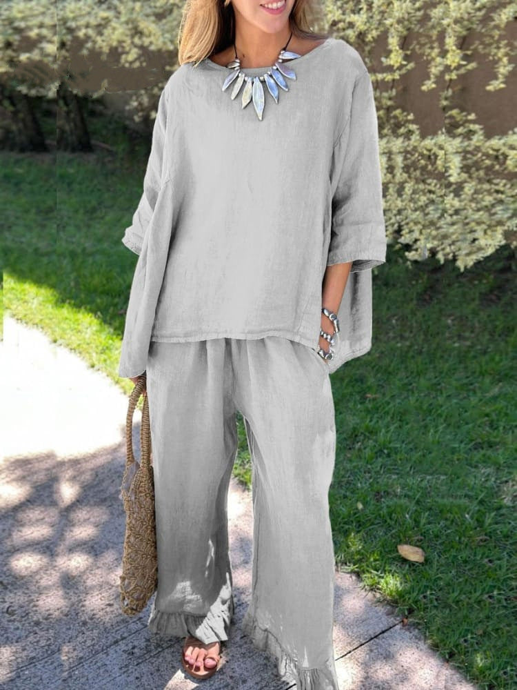 Damen lässiges Leinen-Outfit mit weitem Schnitt und angeschnittenen Ärmeln Stalluxe