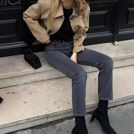 Damen Wildlederimitat Jacke mit Knopfleiste und Taschen Stalluxe