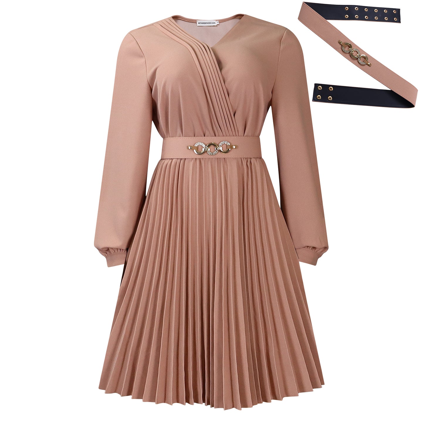 Damen Plissee-Kleid mit schickem Wickel-Oberteil und modischem Gürtel Stalluxe