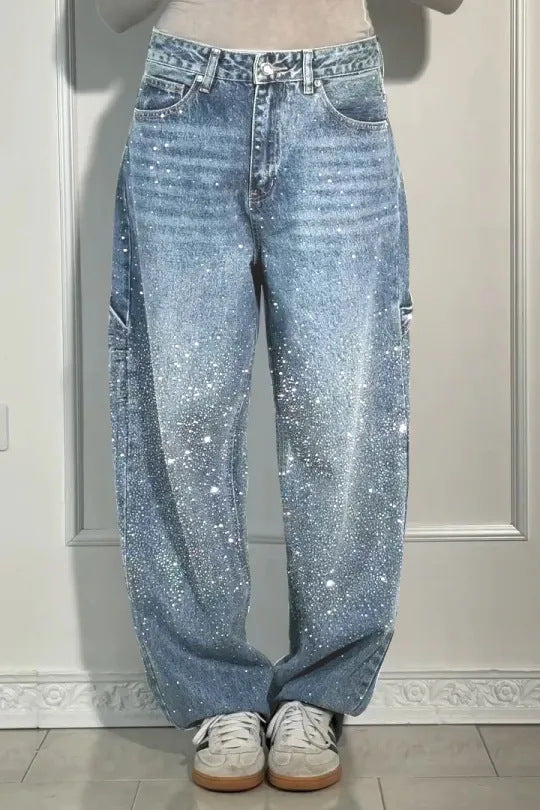 Damen modische Mom-Jeans mit schimmernden Details Stalluxe