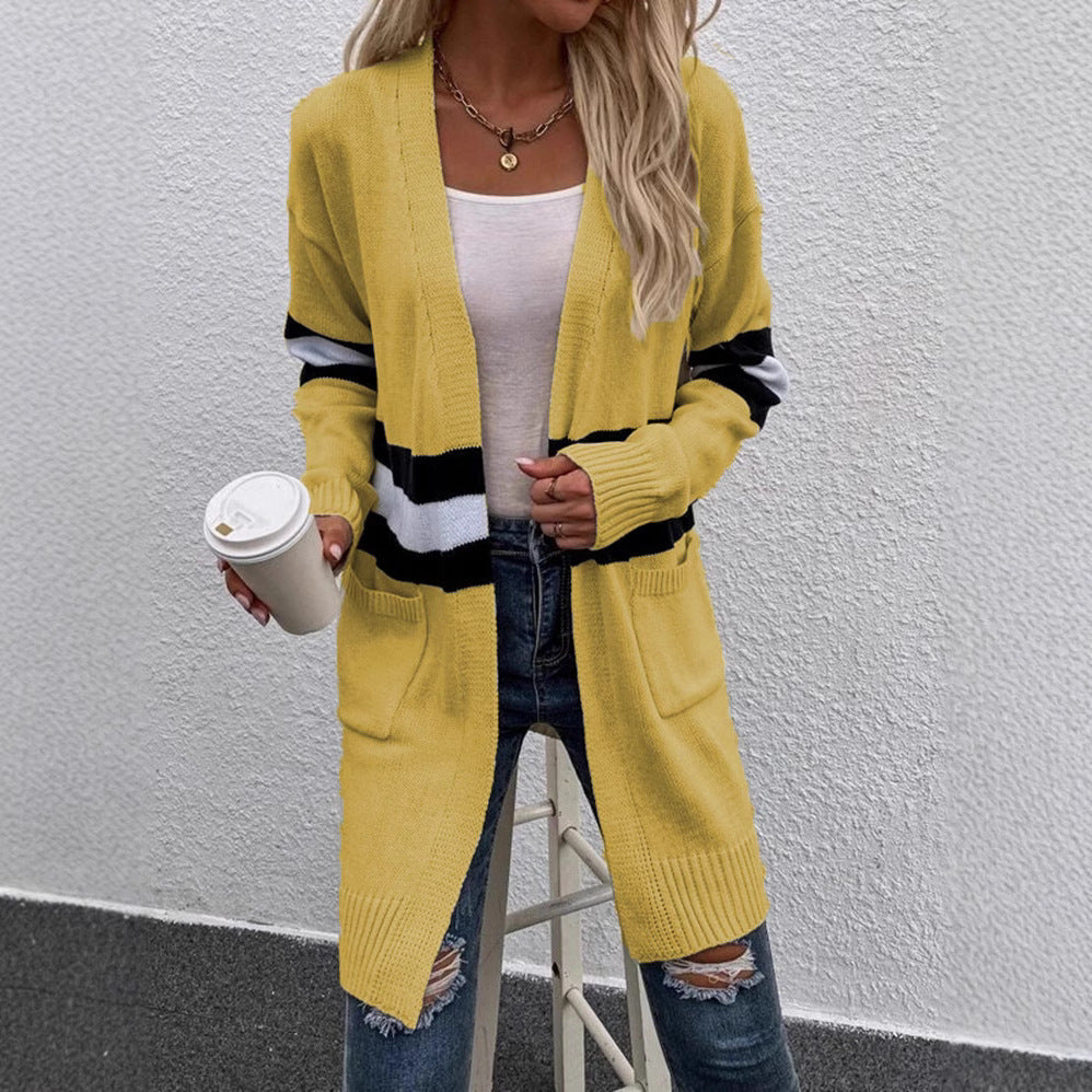 Damen Offene Strickjacke mit modernem Streifenmuster und praktischen Taschen Stalluxe