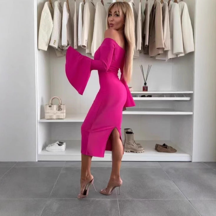 Damen Elegantes Langarmkleid mit weiten Ärmeln und Schlitz Stalluxe
