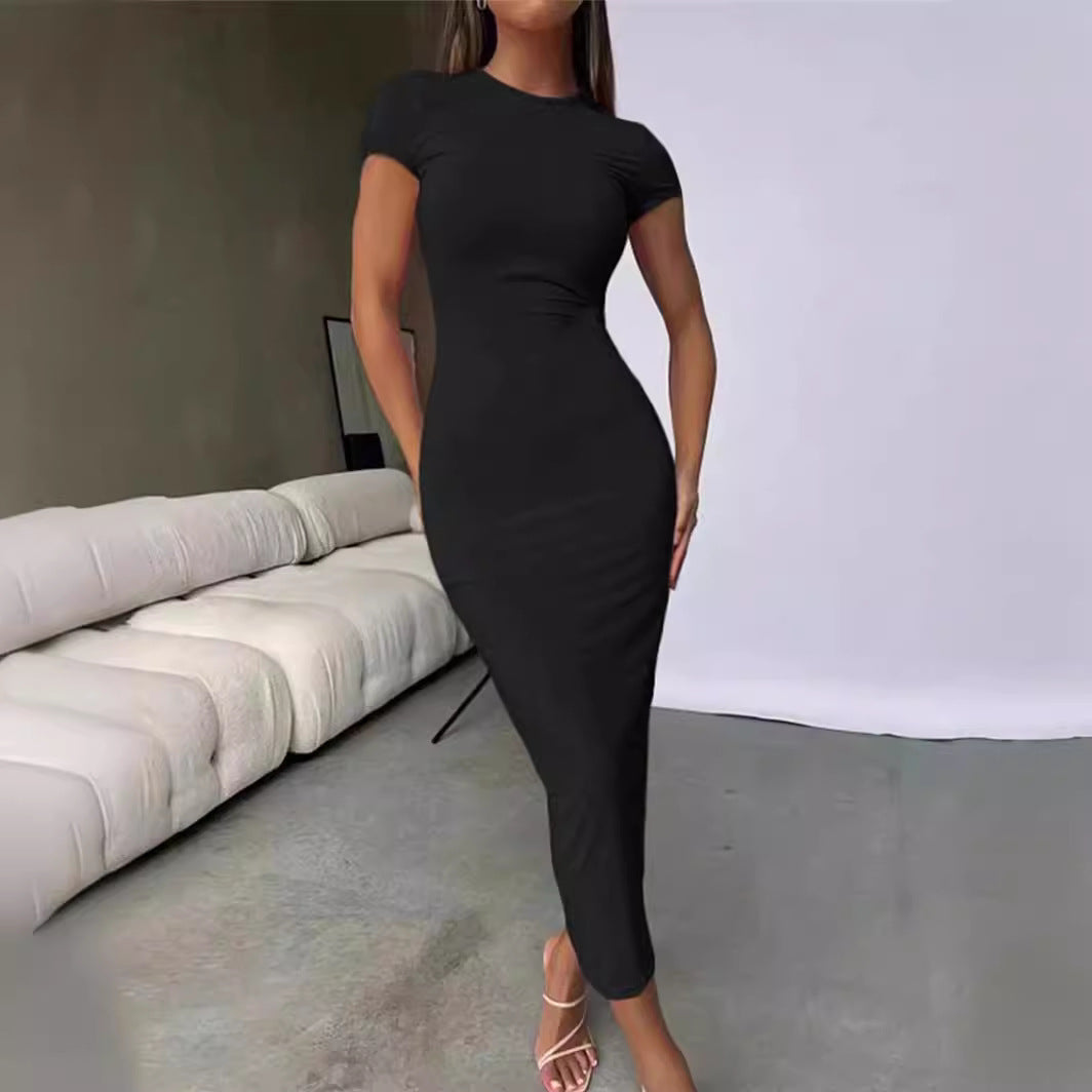 Damen körperbetontes Midi-Kleid mit kurzen Ärmeln und Rundhalsausschnitt Stalluxe