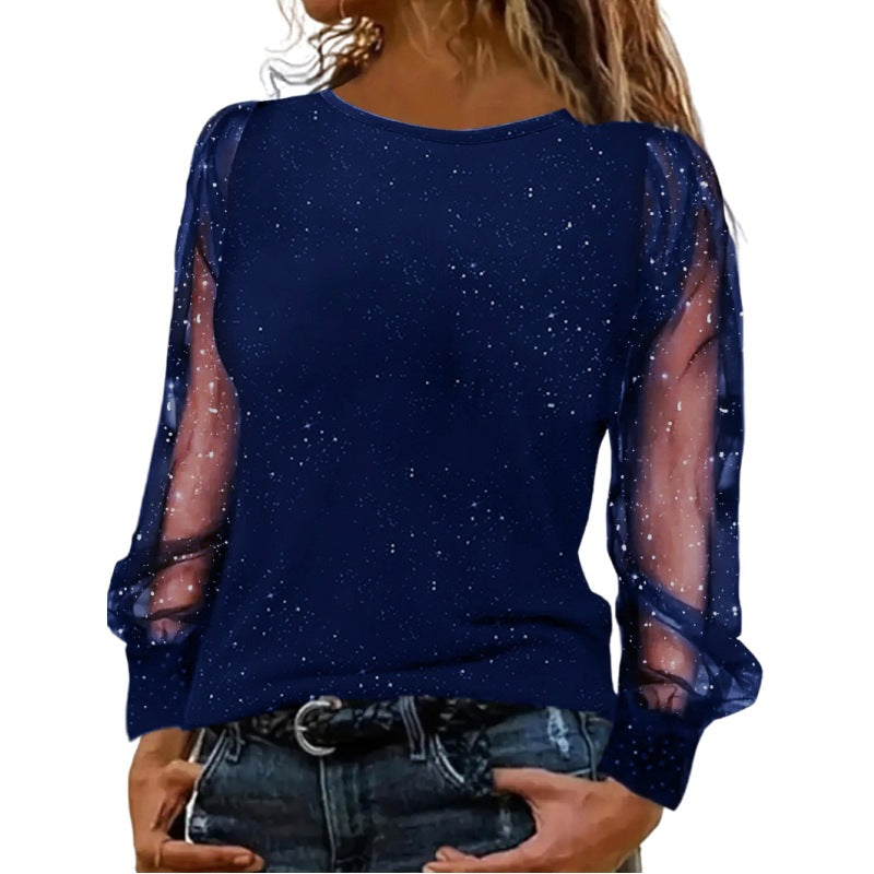 Damen elegantes Oberteil mit glitzernden transparenten Ärmeln Stalluxe