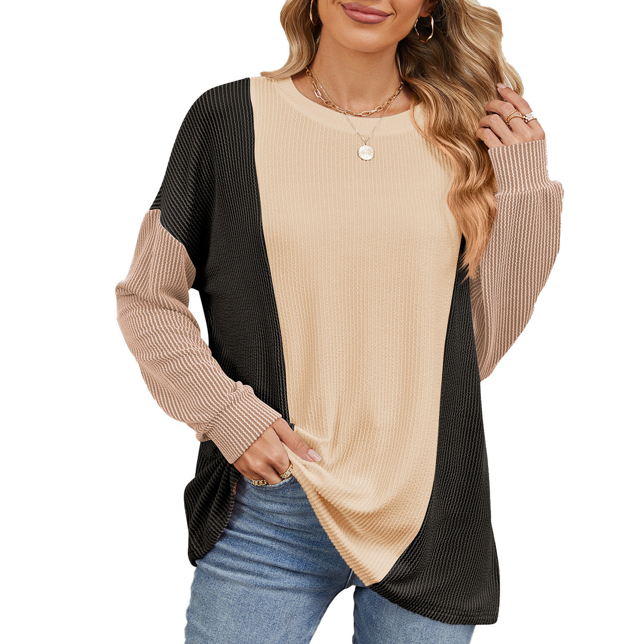 Damen oversized Pullover mit strukturiertem Rippdesign und modernen Farbblockakzenten Stalluxe