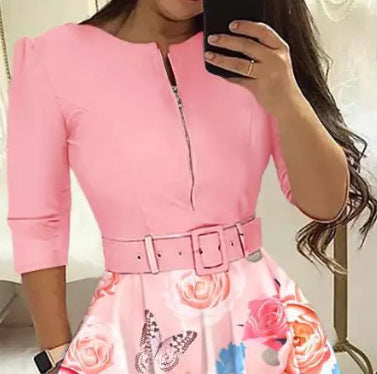 Damen A-Linien Kleid mit tailliertem Gürtel und floralem Muster Stalluxe