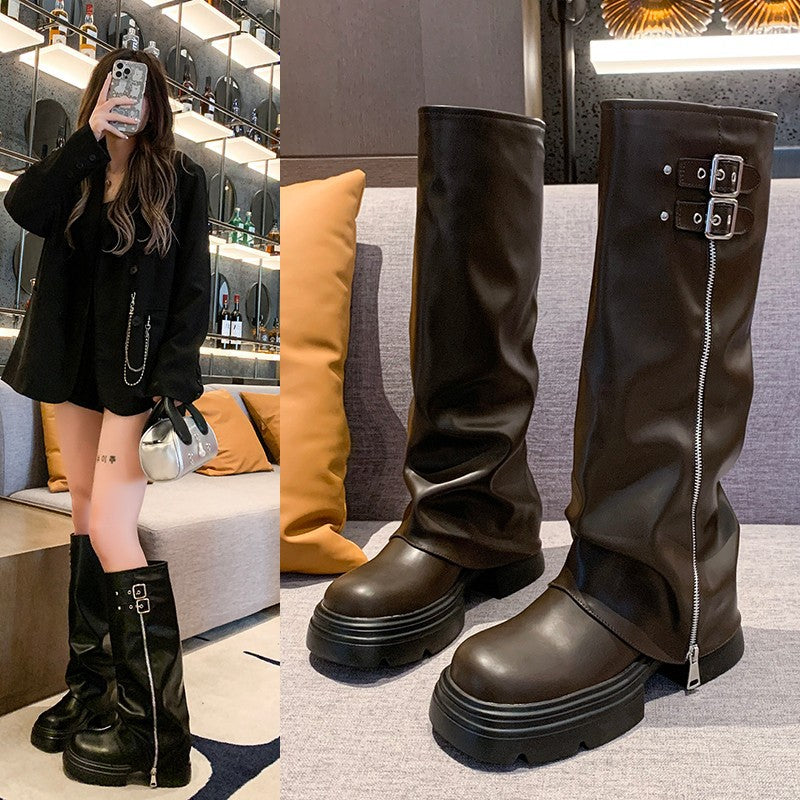 Damen Überknee-Stiefel mit modischem Reißverschluss und verstellbarem Riemen Stalluxe