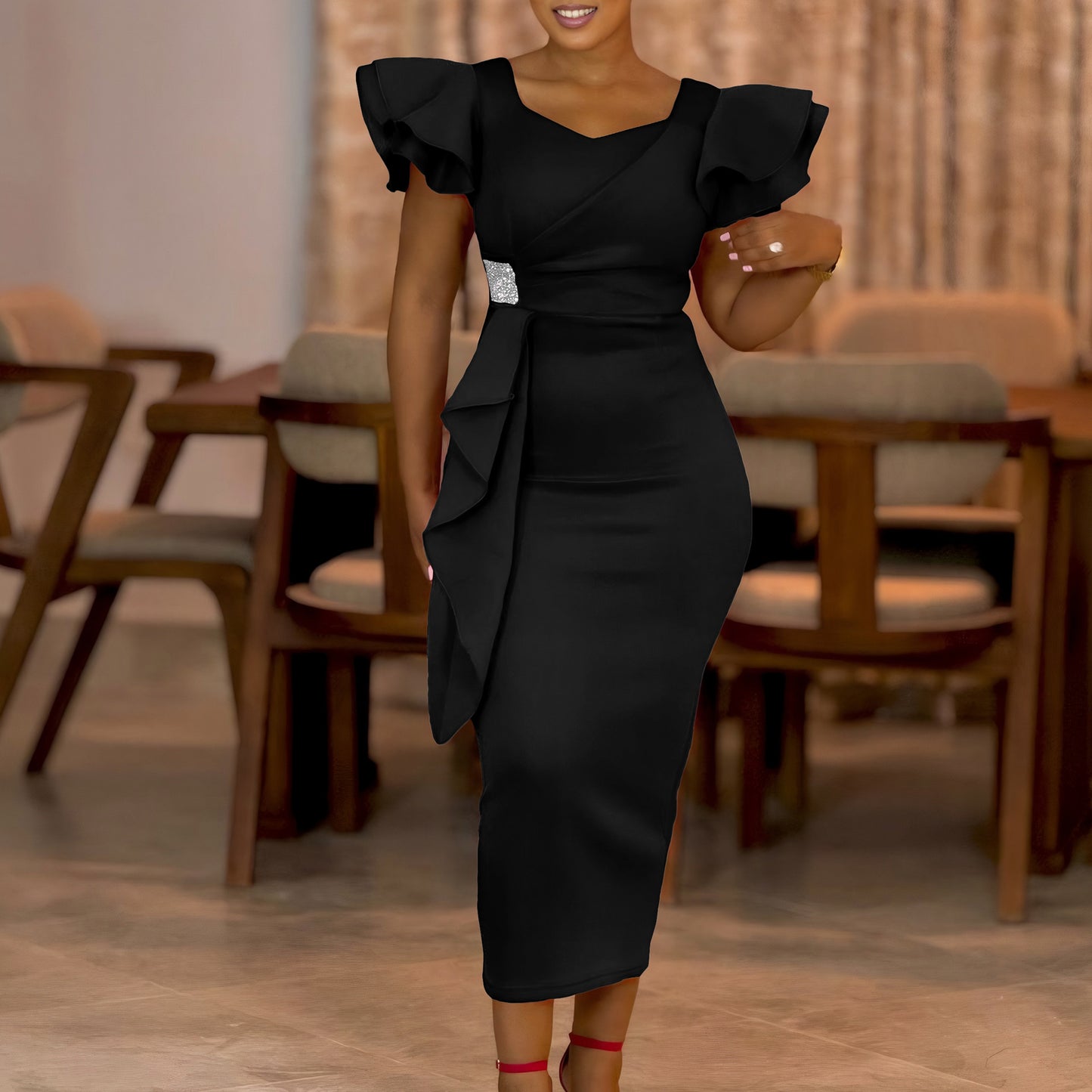 Damen elegantes figurbetontes Kleid mit Rüschendetails und asymmetrischem Saum Stalluxe