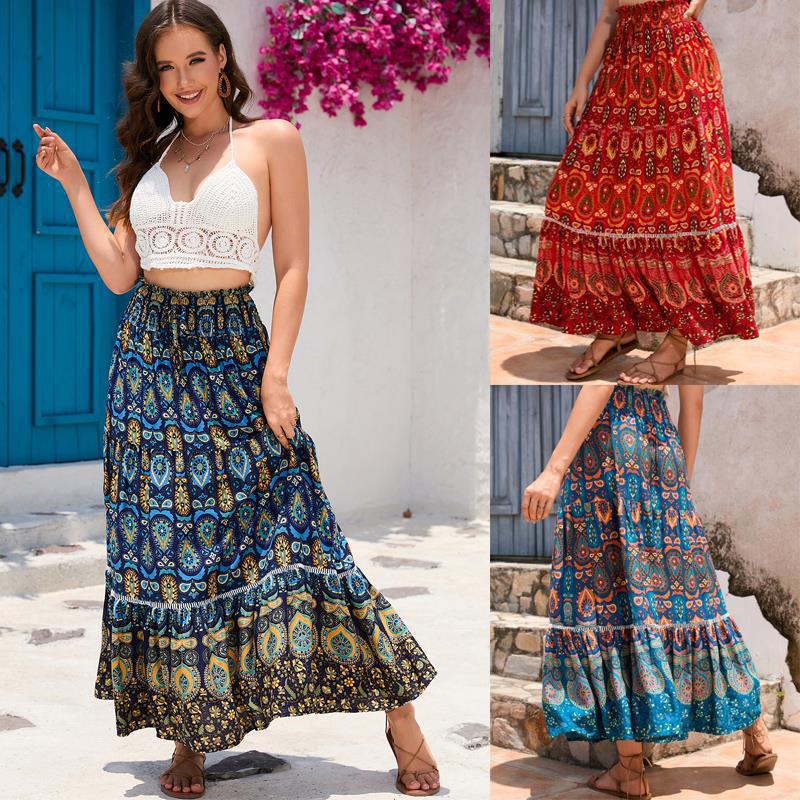 Damen Maxirock im bunten Paisley-Design mit Volant und elastischem Bund Stalluxe