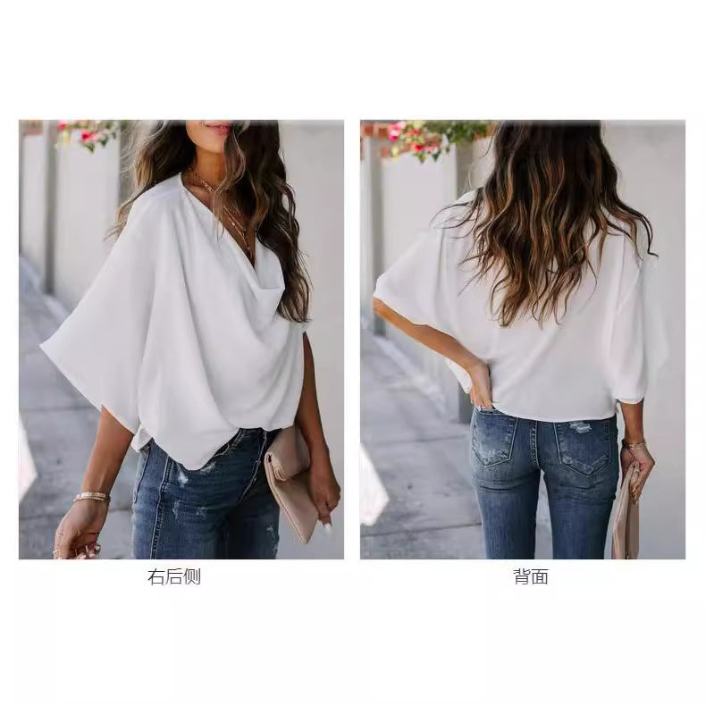 Damen elegante Bluse mit drapiertem V-Ausschnitt und weit geschnittenen Ärmeln Stalluxe