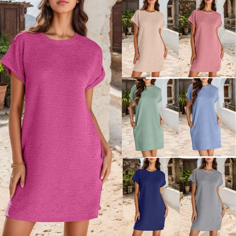 Damen lässiges T-Shirt-Kleid mit umschlagenen Ärmeln und strukturiertem Stoff Stalluxe
