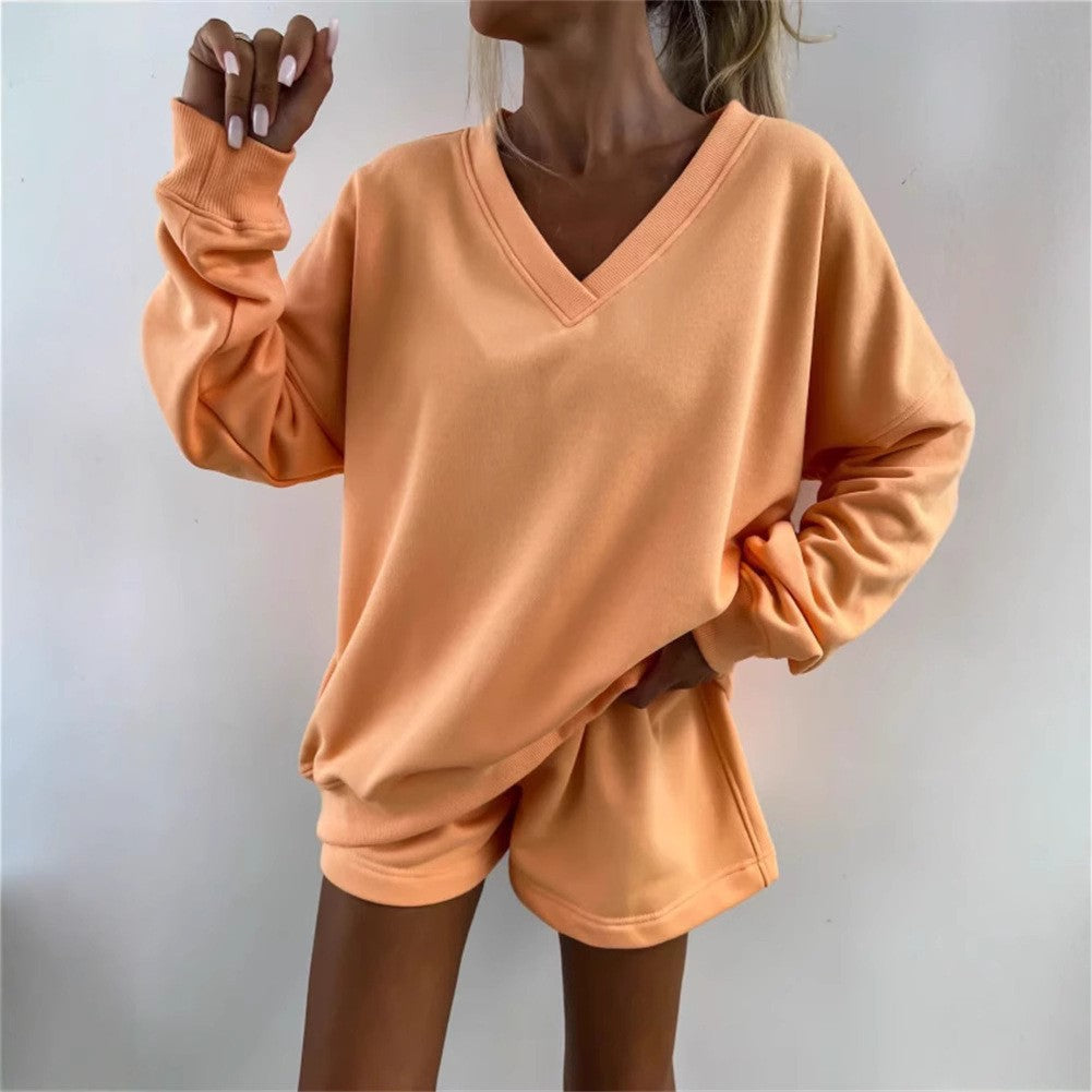 Damen lässiges V-Ausschnitt Sweatshirt und kurze Sporthosen Set Stalluxe