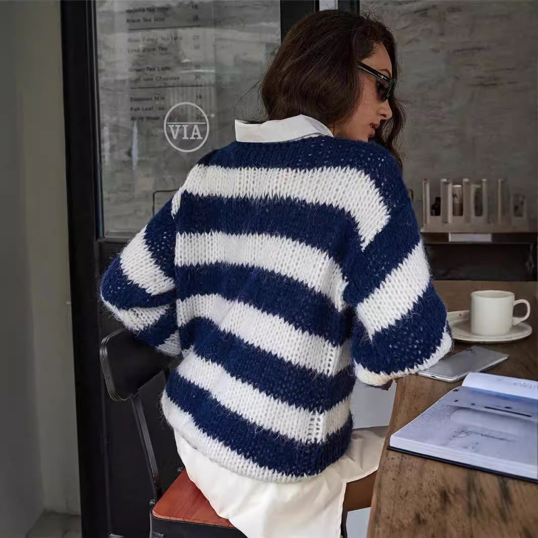 Damen lässiger Strickpullover mit voluminösen Ärmeln und maritimen Streifen Stalluxe
