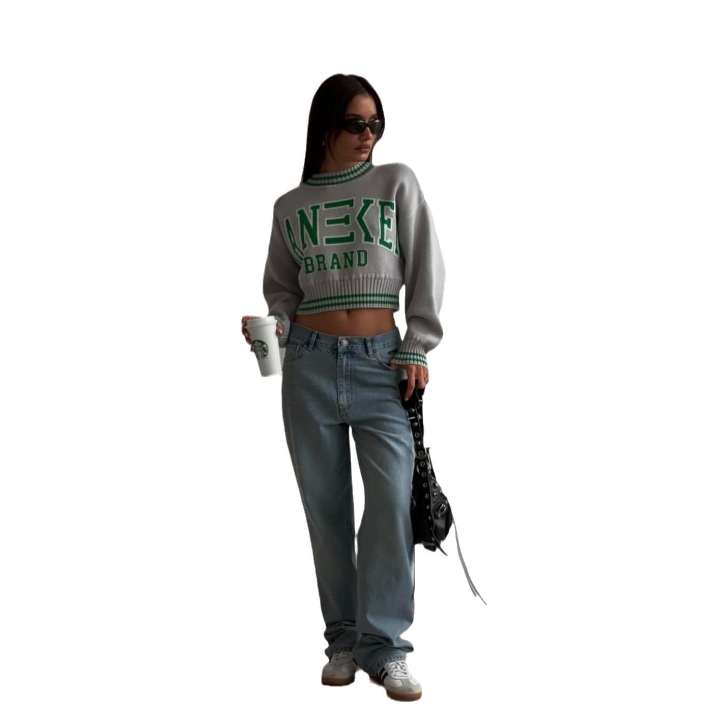 Damen trendiger, lässiger Crop-Pullover mit grafischem Schriftzug und sportlichen Akzenten Stalluxe