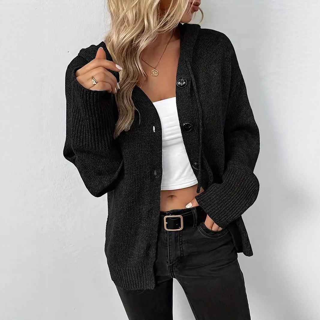 Damen gemütliche Strickjacke mit Kapuze und großen Knöpfen Stalluxe