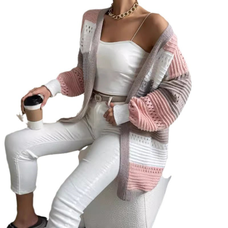 Damen Lässiger Strickcardigan mit modernen Lochmustern und farblichen Blockstreifen Stalluxe