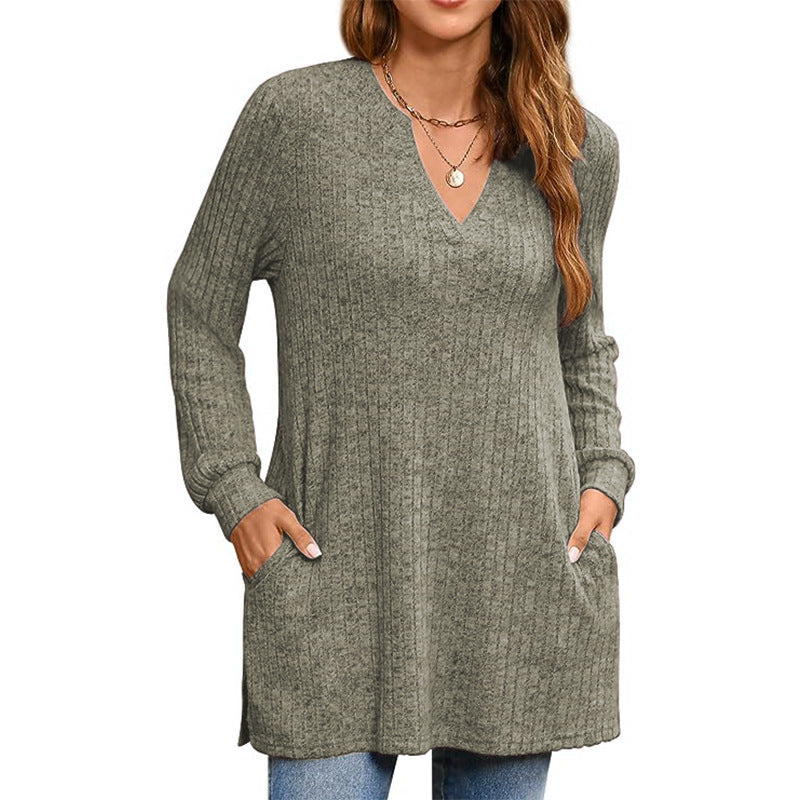 Women's Ribbed V-Neck Tunic Sweater Stalluxe