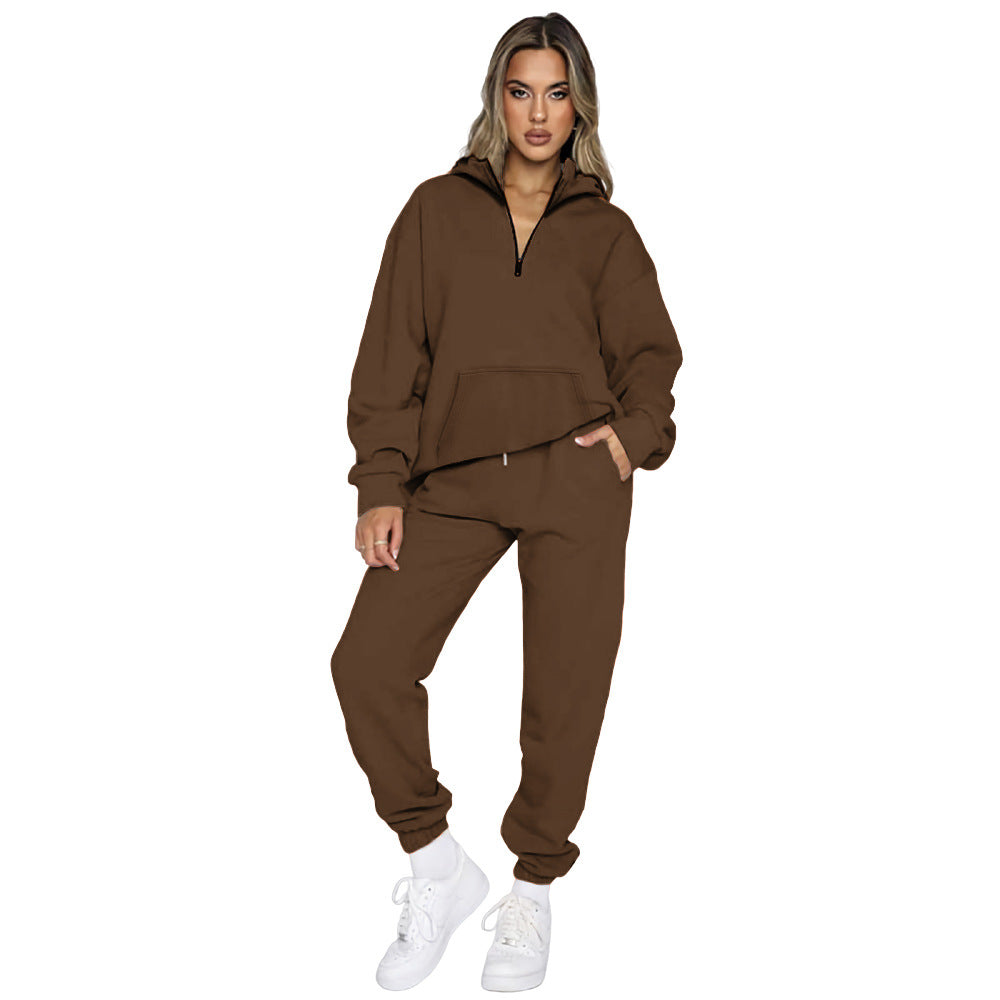Damen gemütlicher Two-Piece Sweatsuit mit halbem Reißverschluss und praktischen Taschen Stalluxe