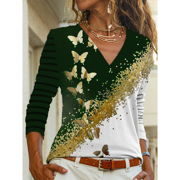 Women's V-Neck Floral Print Long Sleeve Top Stalluxe