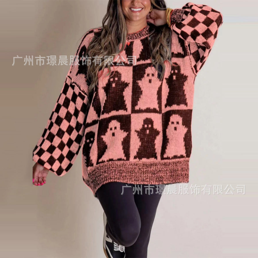 Damen lässiger Oversized Pullover mit grafischem Gespenster-Muster Stalluxe
