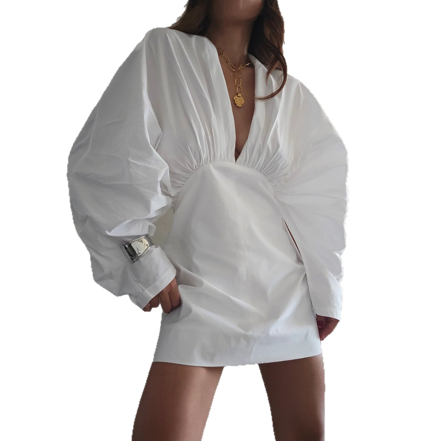 Damen Wickelkleid mit innovativem V-Ausschnitt und voluminösen Ärmeln Stalluxe