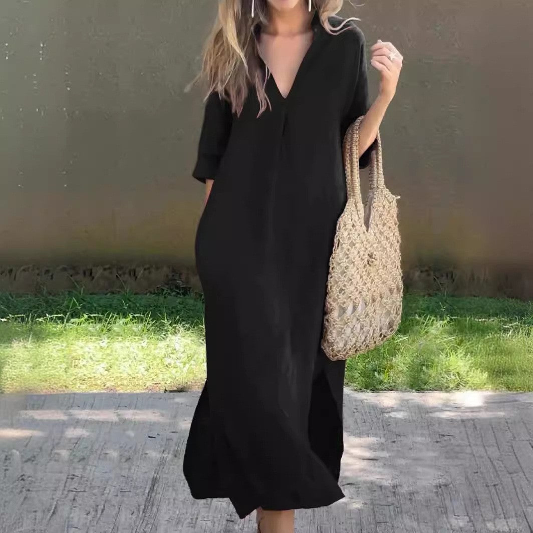 Damen Lässiges Maxikleid mit V-Ausschnitt und seitlichen Schlitzen Stalluxe