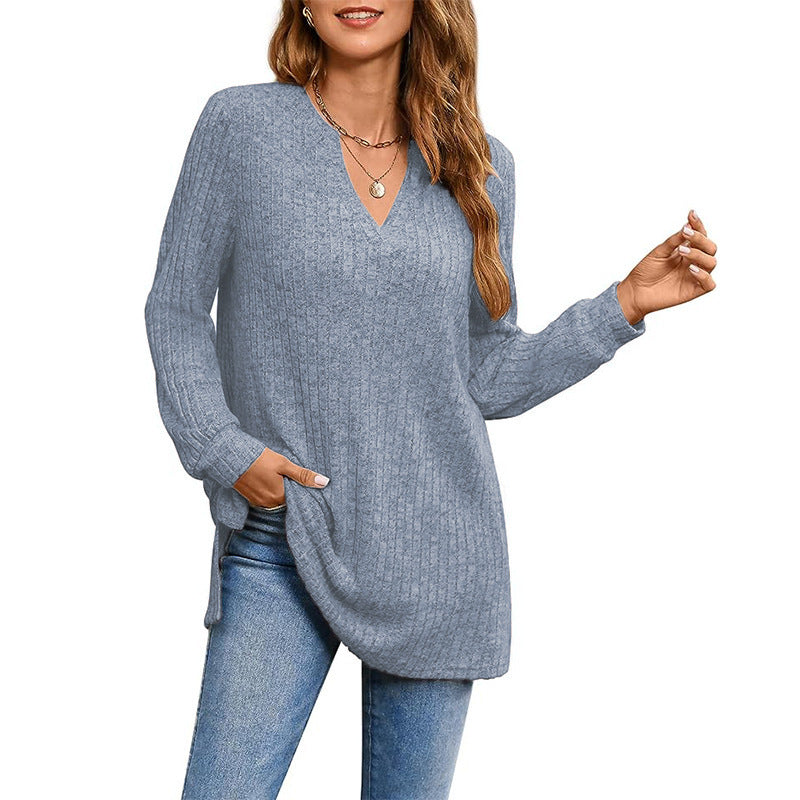Women's Ribbed V-Neck Tunic Sweater Stalluxe